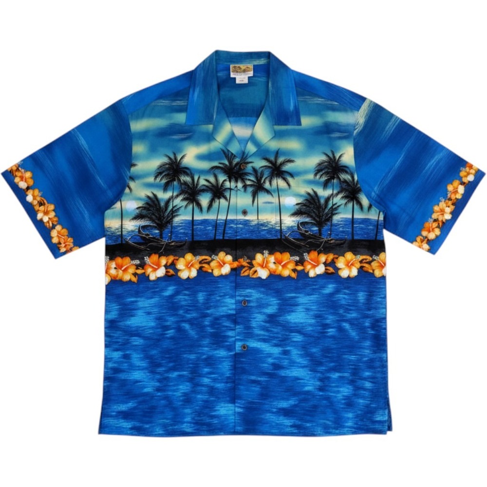 Winnie Fashion Hawaiian Shirt Mens XL Blue Palm Tree Hibiscus Cotton Vintage